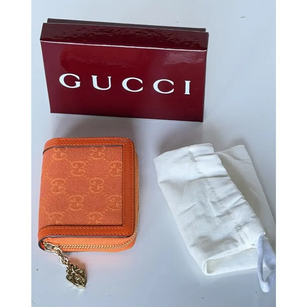 Gucci GG Print Bright Orange Zip Around Leather/Canvas Card Case Wallet IT NIB